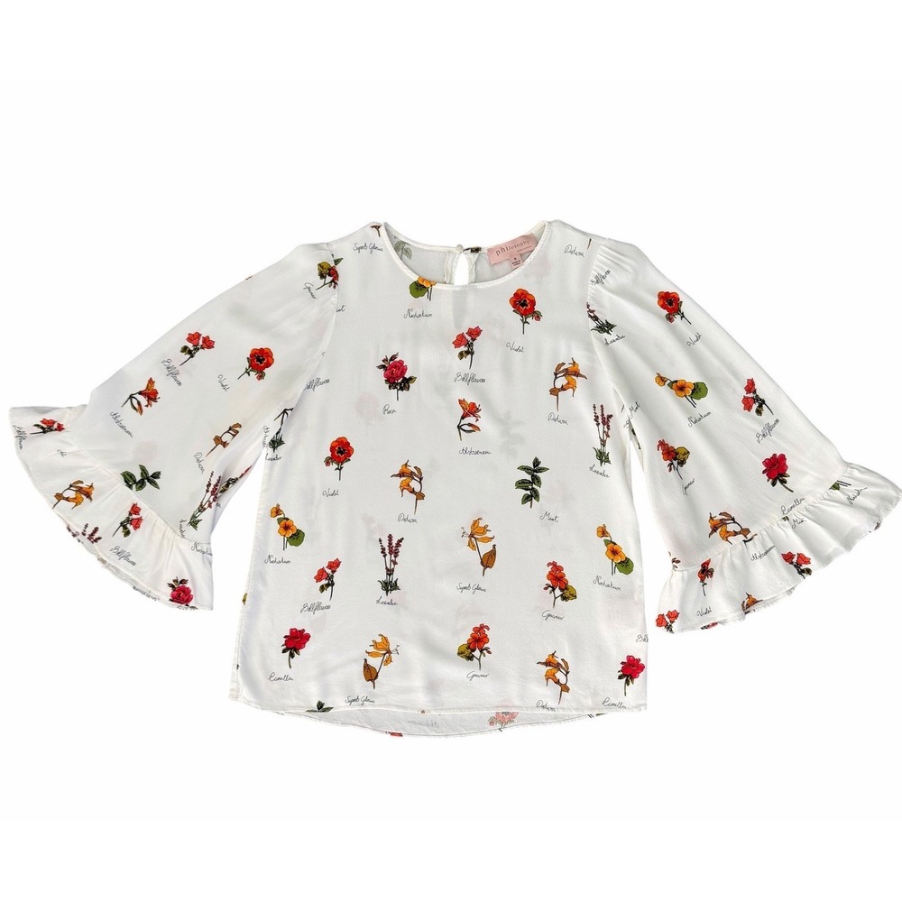 Philosophy Botanical Floral Print Blouse Sz Small‎ Bell Sleeve Keyhole Colorful